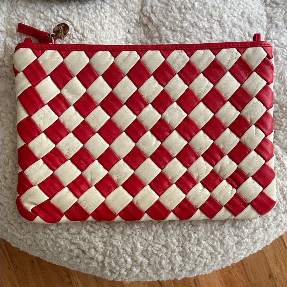 Clare V Red and White Woven Clutch with tabs